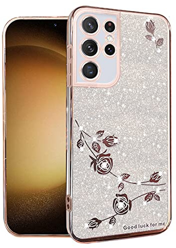 Kainevy For Samsung Galaxy S21 Ultra Case Glitter Transparent with Diamond Bling Bling, Mobile Phone Case Samsung S21 Ultra Silicone Soft TPU Flowers Luxury 2 in 1 Separable Case Pink Thin