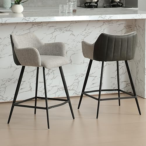 Wahson Barhocker 2er Set Thekenhocker, Barstühle mit Lehne 2 farbig Bistrohocker aus Leinen Kunstleder, Moderne Frühstückshocker für Küche/Hausbar,Grau