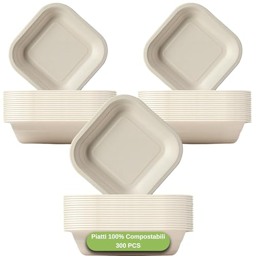 TREEPACK - Piatti usa e getta compostabili 300Pz, Piatti Monouso in Bamboo e Canna da Zucchero Capacità 530 ml, Biodegradabili per Microonde resistono da -18 °C a +200 °C. [18 x 18x 3,6 cm]