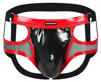 Herren Leder Jock Brief Ouvert Netz transparent mit Lack Optik Kunstleder, Unterwäsche für Männer, Men Underwear bequemer String (DE/NL/SE/PL, Alphanumerisch, XXL, Regular, Regular, Rot-Schwarz)