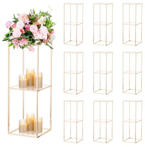 NUPTIO Blumenständer Gold Metall Hochzeit: 10 Stück 80cm Hoch Vase mit 2-Schicht-acrylplatte Metallboden Geometrische Säulenvasen Blumenvase für Tafelaufsatz Geburtstag Party Dekorationen