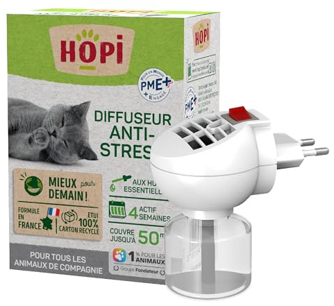 HOPI Diffuseur Anti Stress Chat, Chiens, Lapins, rongeurs… 45 ML – 1 Recharge Incluse - Extraits de Plantes naturels valériane et lavandin - Favorise Calme et Bien-être - Formulé en France…