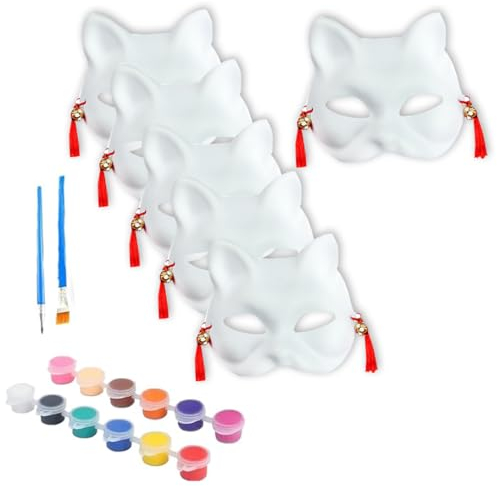 Koonafy 5 Stück Katzenmasken mit Abrissglocken DIY weiße Masken Blanko Handbemalte Fuchs Halbmaske Kreative Maskerade Maske Tier Halbgesichtsmasken für Party Kostüm Cosplay Zubehör (Katzen)
