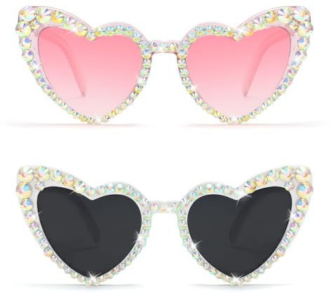 Vintage Rhinestone Heart Shaped Sunglasses, Pink Heart Sunglasses White Heart Sunglasses Set, Love Heart Rhinestone Sunglasses Bride Sunglasses Party Glasses Festival Sunglasses Funky Glasses Women
