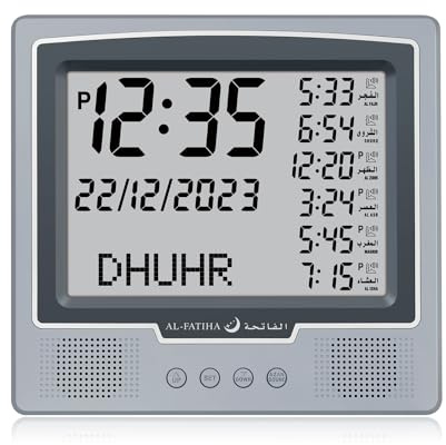 Al salama Azan Wecker Tischuhr, Automatisch Weltweit Digital 8 Azan Gebet Töne, muslimische Gebetsuhr für Home Decor, Ramadan Geschenk (Grau)