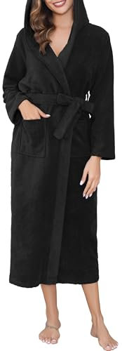 Wikoan Peignoir de Bain Éponge à Capuche Peignoir pour Femme et Homme en Coton Peignoirs Manches Longues Robe de Nuit Femme avec Poches Noir L