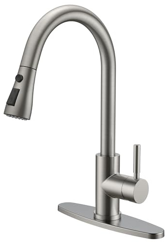 QFN Grifo de cocina con pulverizador extraíble, grifos de cocina de acero inoxidable, níquel cepillado de arco alto para 1 o 3 agujeros, grifo extraíble para fregadero de cocina, barra de caravana
