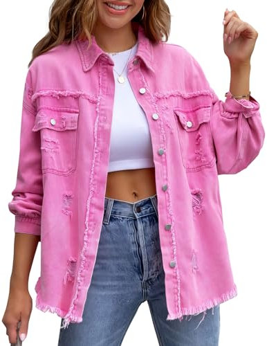 MGizo DtiSpectrum Veste en Jean Vieilli Pour Femme - Jean Boyfriend Déchiré Coupe Ample à Manches Longues, Camionneur en Denim Avec Bouton en Métal