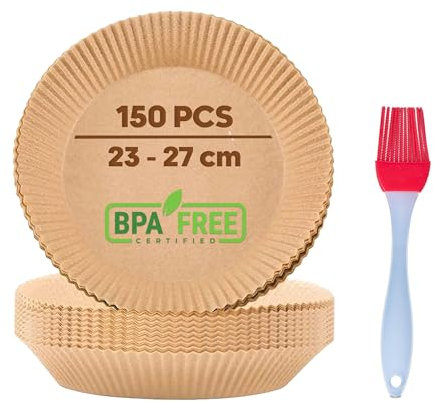 Air Fryer BPA-Frei Runden 150 Stück 20-24 cm / 4,5-6,5 L Backpapier für Heißluftfritteuse mit Silikonbürste | Antihaft Rundes Backpapier Einlagen für Heißluftfritteuse