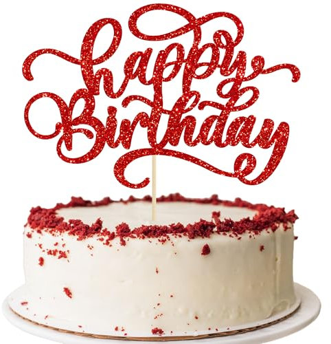 Ephlyn 1Pc Happy Birthday Cake Topper Glitter Birthday Sign Cake Pick Decoration for Happy Birthday Theme Boys Girls Baby Shower Birthday Party Cake Decorations Red