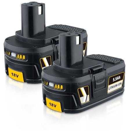 Lot de 2 batteries Li-ion de rechange 5500 mAh 18 V pour Ryobi 18 V Compatible avec batterie Ryobi 18 V P108 P107 P106 P104 P105 P102 pour outils électriques avec voyant avant et arrière