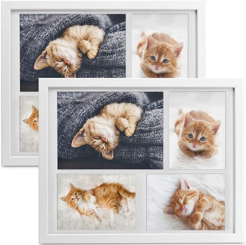 bomoe 2x Bilderrahmen aus Holz für 4 Fotos mit Passepartout Kunststoffglas | 10x15cm & 15x21cm Weiß Multirahmen Fotorahmen Collage Set Picture Photo Frame Metall-Aufhängung fotocollage rahmen Galeria