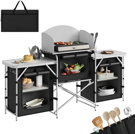 WOLTU Campingküche, Campingschrank faltbar, Outdoor Küche mit Arbeitsplatten Staufächern, Camping Tisch, Reiseküche, inkl. Tragtasche, Aluminium MDF, Schwarz