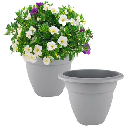 Shop4allsorts 2 x Grey 30cm small round bell plant pot - plastic plant pot - small indoor and outdoor garden planter - traditional bell shape pot - herb and flower planter.