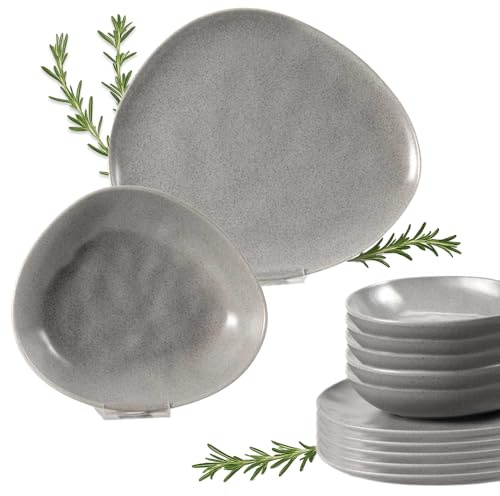 Ma Maison Teller-Service für 6 Personen, 12-teilig, modernes Design, Keramik, 6 flache Teller Ø 30-6 tiefe Teller Ø 23 cm, Restaurant, dreieckig – Spülmaschine (Carrara-Nebel)