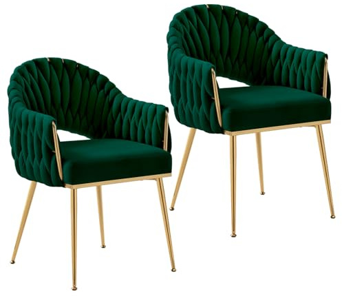SUPPNEED Samt Esszimmerstühle 2er Set, Sessel Wohnzimmer, Stühle Esszimmer mit Armlehne, Küchenstühle mit handgeflochtenen Hochlehner, Schminktisch Stuhl mit Gold Beine, Balkonstuhl(2,Smaragdgrün)