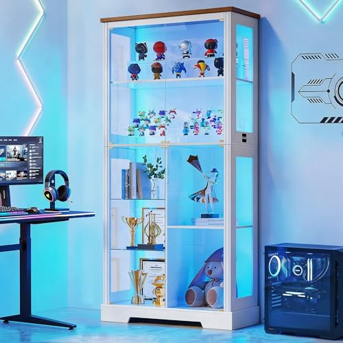 5-Tier Glass Display Cabinets with 3-Color Lighting, Lock & Human Sensor | Curio Cabinet for Collectibles Bookcases,180 cm Tall Storage Cabinet for Living Room,Bedroom,Display Case White