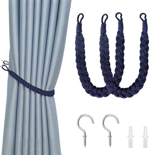 2 Pack Rope Curtain Tie Backs, Hand-Woven Natural Cotton & Boho Style Decorative Curtain Tiebacks with Metal Hooks, Soft Braided Curtain Ties for Home and Office Drapery