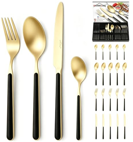 Besteck Set 6 Personen,24-tlg Edelstahl Besteckset,Cutlery Set mit Messer Gabel Löffel,inklusive Besteckkassette,Spülmaschinenfestes,4-tlg Essbesteck für 6 Personen,Matt poliert Schwarz-Gold