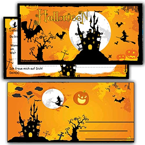 Einladung zu Halloween 12 Karten + Umschlag Einladungskarten Kindergeburtstag Erwachsene Motiv Halloweenparty Grusel-Party Horror-Party Set Hexe Sarg gruselig Vampir