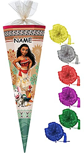 Schultüte - - Vaiana - 22 cm - rund - incl. Name und Schleife - mit Tüllabschluß - Zuckertüte - Nestler - mit/ohne Kunststoff Spitze - für Mädchen - das..