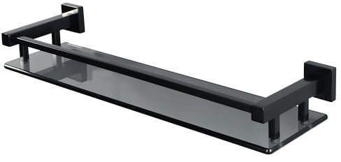 SAYAYO Tempered Glass Shelf Square Bathroom Shelf with Rail Wall Mounted 20 inches, Stainless Steel Matte Black, EGC2000-B