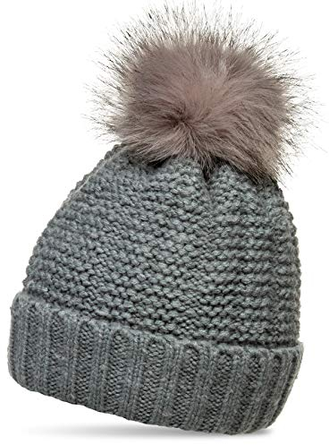 Caspar MU197 Damen Strickmütze mit XL Kunstfell Bommel, Farbe:grau, Größe:One Size