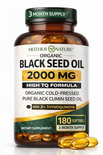 Black Seed Oil Capsules 2000mg Per Serving, Organic Cold Pressed Black Cumin, High TQ, Immune & Joint Support, 180 Count (3 Month Supply)