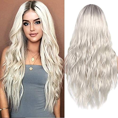 Perücke PlatinBlond für Frauen Kunsthaar Synthetische hitzebeständiges Haare Perücke Silber Grau Damen Natürlich Locken gelockt, Mittelteil ohne Lace Front Wig 22 inch/56cm