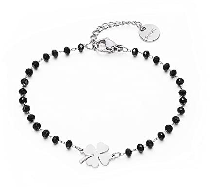 Black Crystal Bracelet for Women, Rose Gold and Silver Plated Stainless Steel Chain Wrist Bracelet with Charm Heart, Star, Four Leaf Clover (#3 Four Leaf Clover, Silver Plated)