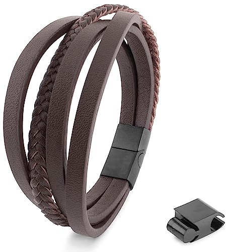 Akitsune Pathfinder Synthetisches Lederarmband | Magnetverschluss aus Edelstahl - Geflochtenes Männer Herren Armband inkl. schöner Schmuckschachtel - Schwarz-Braun - 17cm