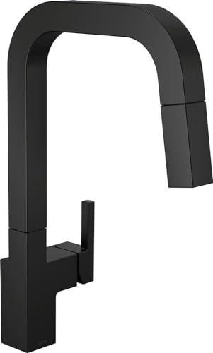 Delta Junction Matte Black Kitchen Faucet with Pull Down Sprayer, Modern Single Hole Kitchen Sink Faucet, Single Handle, Matte Black 19825LF-BL