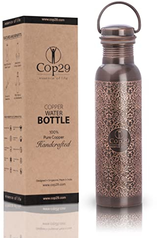 Cop29 handgefertigt graviert Premium Design reines Kupfer Tulpe antike Wasserflasche mit Griff : Fugenfrei & Auslaufsicher -900ml/30oz
