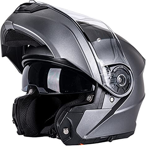 Casque Moto Double Visiere, Casque De Moto Modulable Intégrale ECE Homologué Full Face Flip Up Homme Et Femme Casque Pour Locomotive Cruiser Moped Racing, Grande Taille Matte Gray 1,4XL