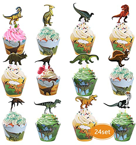 Dino Muffins Deko,48-Set Dinosaurier Cupcake Toppers und Dinosaurier Cupcake Wrappers,Cupcake Toppers Wrappers,Dino Cake Topper,Dinosaurier Kuchen Dekoration für Kinder Party Geburtstag Jungen Mädchen