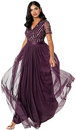 Maya Deluxe Damen Women's Maxi Ladies V-neck Plus Size Ball Gown Short Sleeves Long Elegant Empire Wa Bridesmaid Dress, Berry, 44 EU