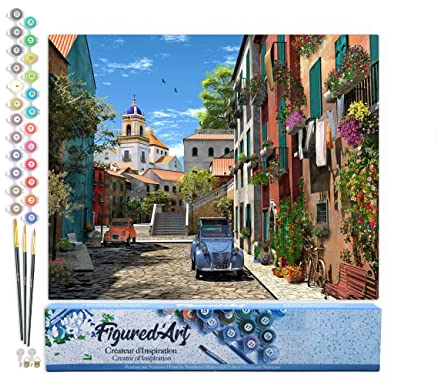 Figured'Art Malen Nach Zahlen Erwachsene Gasse mit 2CV - Paint by Numbers Basteln DIY Bastelset 40x50cm ohne Holzrahmen