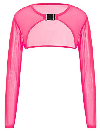 FeMereina Camisetas rave para mujer, malla transparente, manga larga, parte superior corta transparente con hebilla, A-rosa rojo, L