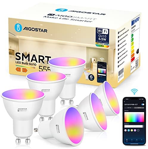Aigostar Alexa Glühbirnen GU10 SL2 Smart LED Lampe 6.5W Wlan Glühbirne LED RGBCW 2700-6500K Dimmbare, 26 Szenenmodus, App-steuerung, Kompatibel mit Alexa/Google Home, Kein Hub notwendig, 6 Stücke