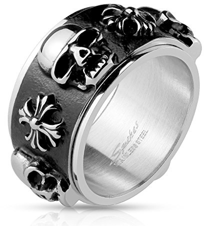 BlackAmazement 316L Edelstahl Dreh Ring Skull Totenkopf Kelten Kreuz schwarz Silber Herren