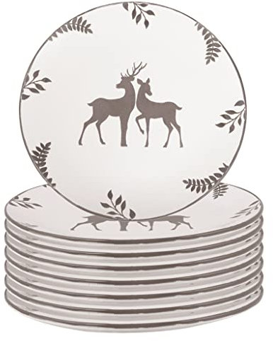 Dinner Plate Set of 8 Large Dinner Plates - Hand Painted Grey & White Country Stag Stoneware Crockery Dishwasher & Microwave Safe Dinnerware Set