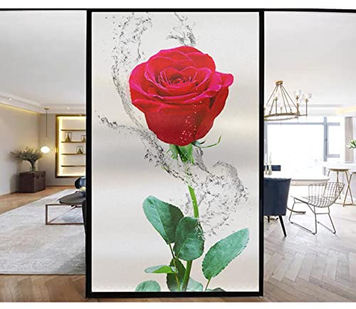 Siunwdiy Fensterfolie Blickdicht mit rote Rose Motiv Milchglasfolie Sonnenschutzfolie Fenster Innen Sichtschutzfolie Fenster Blickdicht von Außen für Badezimmer Glastür,B,55x100cm
