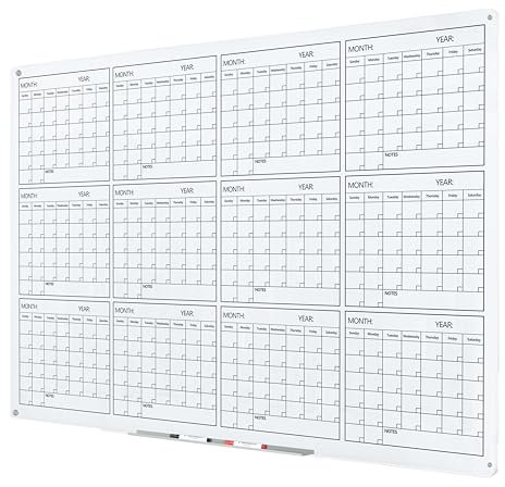 J&J worldwide Glas-Whiteboard-Jahreskalender – 88,9 x 119,4 cm große Wandtafel – Whiteboard, trocken abwischbarer Planer für Wand, Zuhause, Schule, Büro