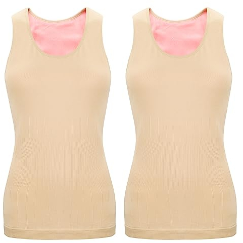 2 Stück Damen Innenfleece Tank Tops Ärmellos Thermounterwäsche Thermo Unterhemd Baumwolle Thermo Shirts (Beige, M)
