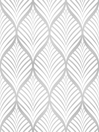 Amiya Silver Gray Peel and Stick Wallpaper Modern Boho Removable Vinyl Contact Paper Leaf Self Adhesive Bathroom Wallpaper for Cabinets 17.7 x 200 Renter Friendly