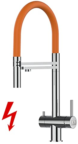 Niederdruck 3 Wege Wasserhahn Edelstahl MASSIV Küchenarmatur Spültischmischer Reinstarmatur VZFX, Edelstahl Hochglanz, mit 360° schwenkbarem Orange Auslauf, abnehmbare 2 strahl Handbrause