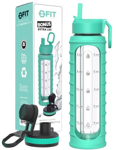 32 oz Glass Water Bottle with Time Marker, Straw Lid, Large, Motivational | BPA-Free Waterbottle for Drinking & Daily Hydration, Silicone Sleeve, Leakproof, Dishwasher Safe, Wide Mouth, Seafoam Ribbed