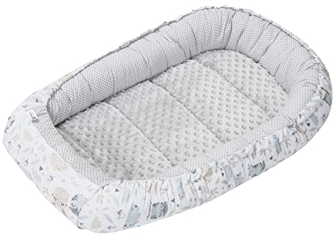 Medi Partners Babynest Nestchen für Neugeborene - 100x60x15 Babynestchen Baby zweiseitg Nest Bett 100% Baumwolle Minky Kuschelnest tragbar (Lichtung mit grauem Minky)