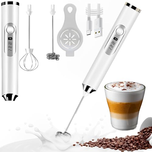 YOPOTIKA Milk Frother, Electric Handheld Whisk - Rechargeable, 3 Gear Adjustable Foam Maker for Coffee, Latte, Matcha, USB Rechargeable - Includes 2 Stainless Whisks & Egg Separator