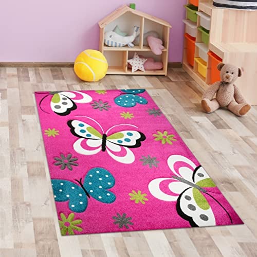CARPETIA Bunter Kinderzimmerteppich mit Schmetterlingen | strapazierfähig & robust | pink, 80 x 150 cm